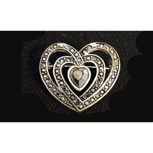 Vintage Marcasite Heart Silver Toned Metal Brooch Pin with Stone